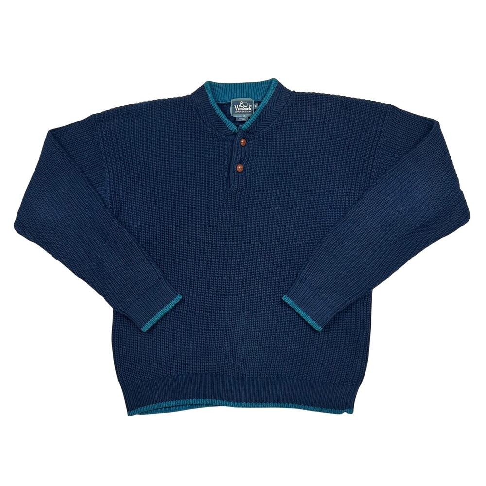 Vintage Woolrich Sweater Mens M Navy Blue Cotton Knit Henley Pullover